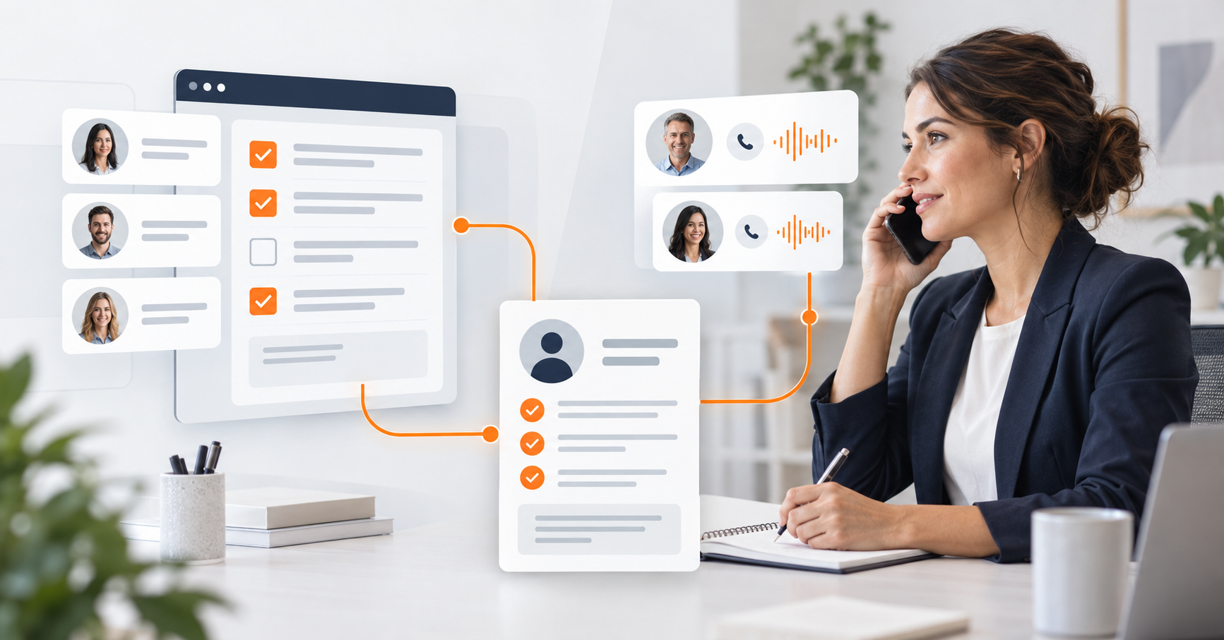 Recruiter conducting a phone reference alongside a structured digital reference-check workflow.